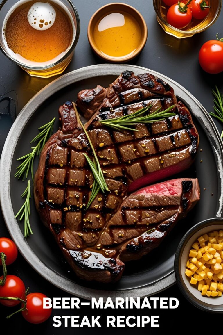 Sliced grilled beer-marinated steak on a wooden board with side dishes and garnish