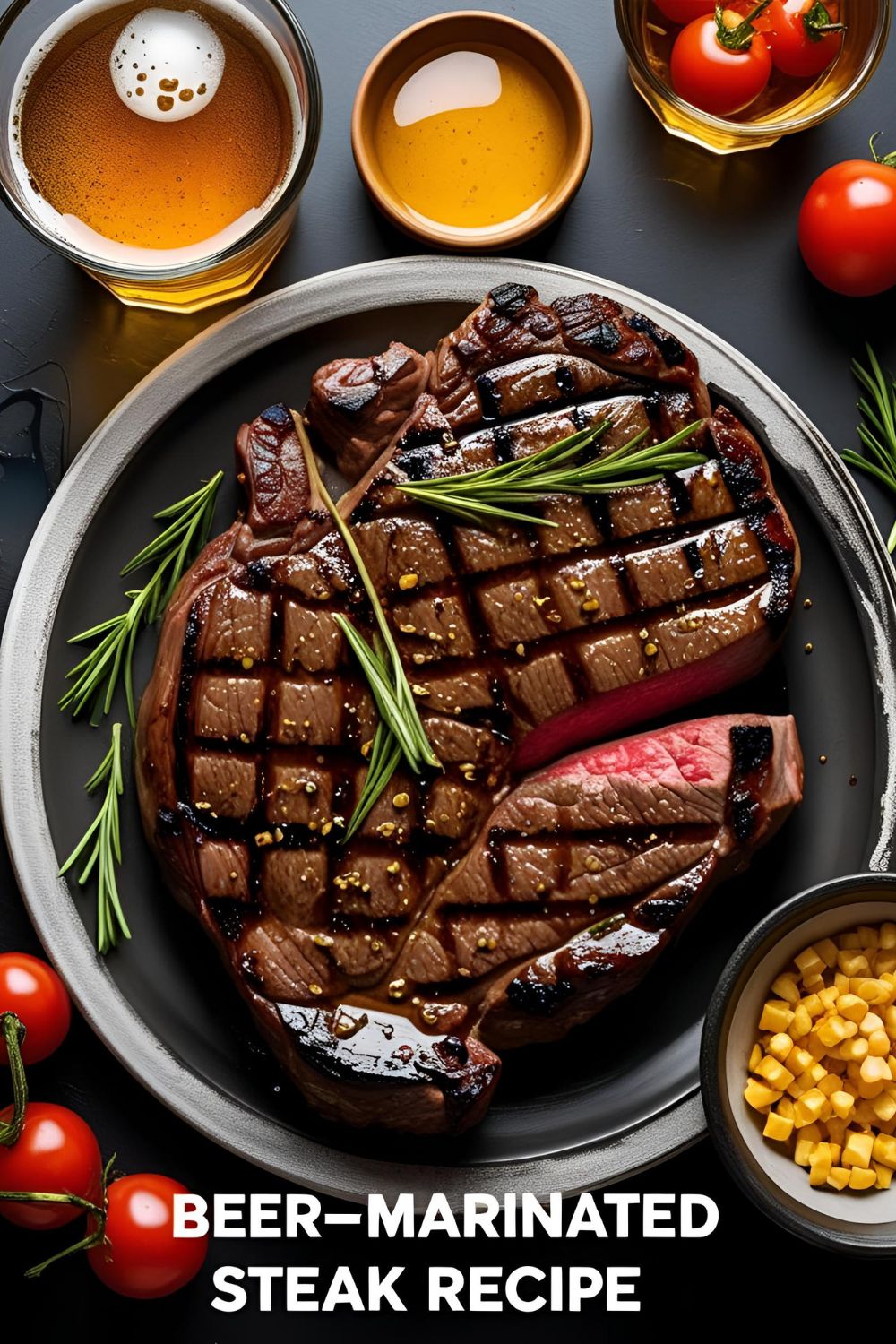 Sliced grilled beer-marinated steak on a wooden board with side dishes and garnish