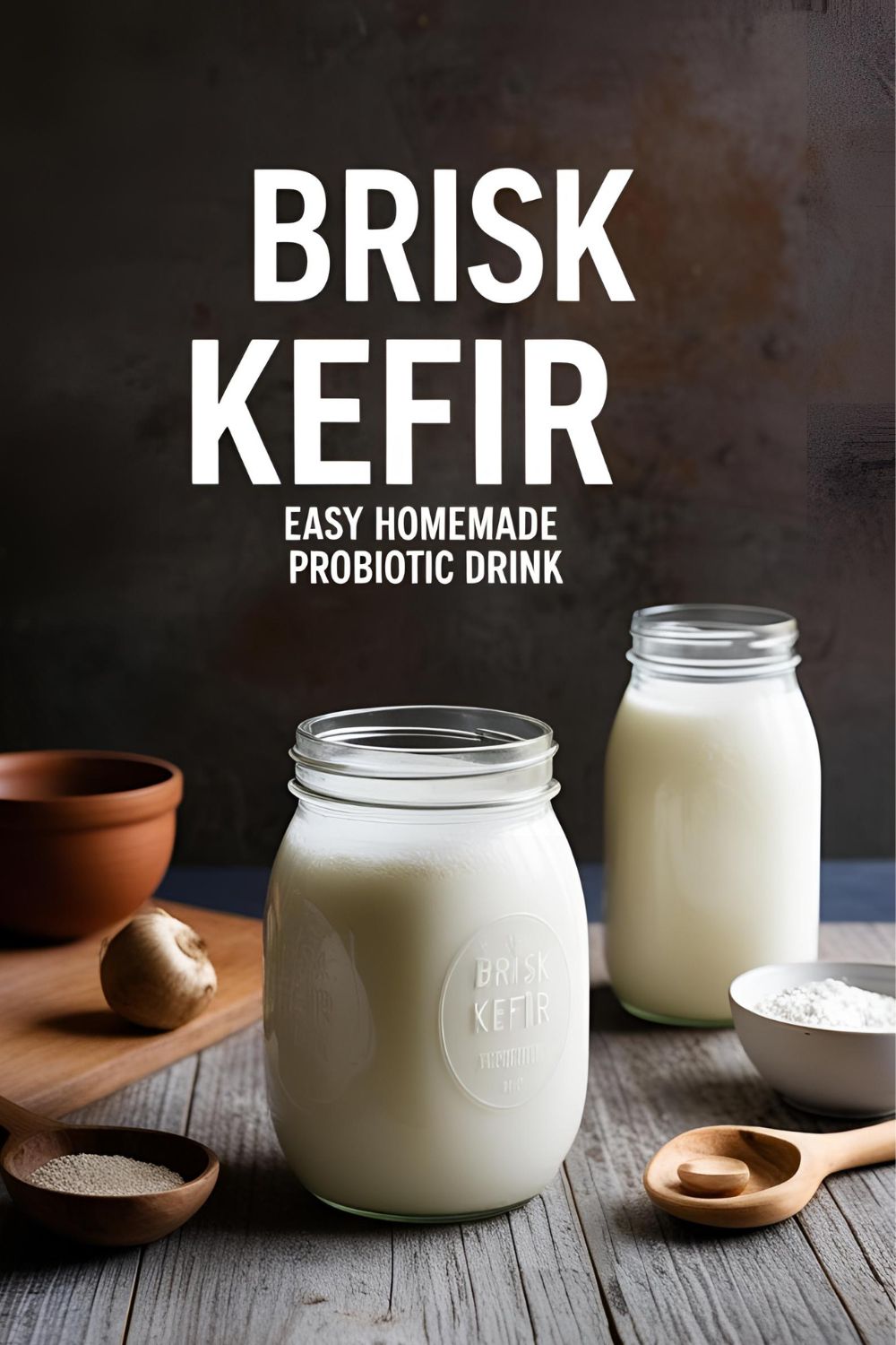 Glass jar of homemade brisk kefir on a kitchen counter.