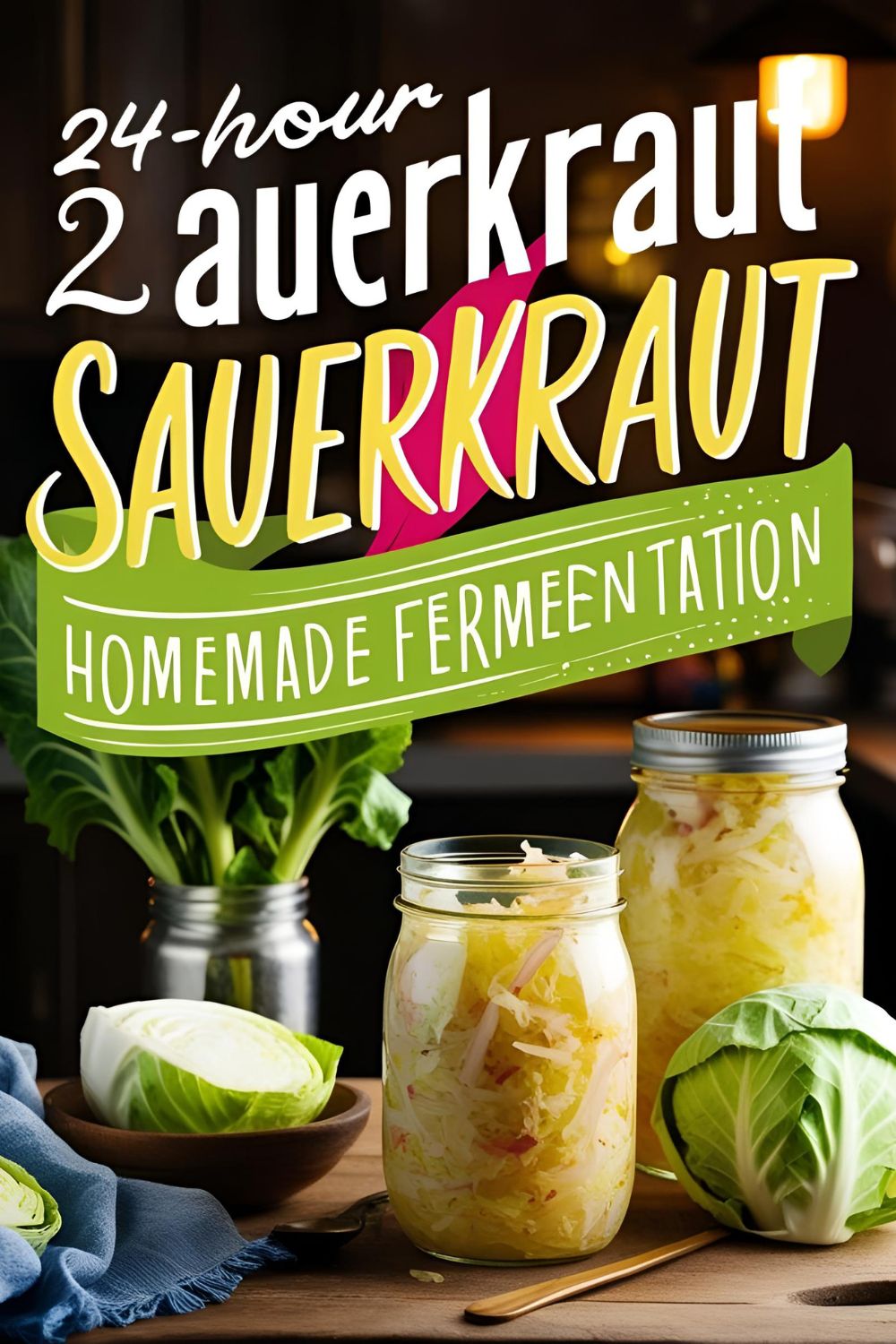Jar of freshly made 24-hour sauerkraut with visible bubbles indicating active fermentation.