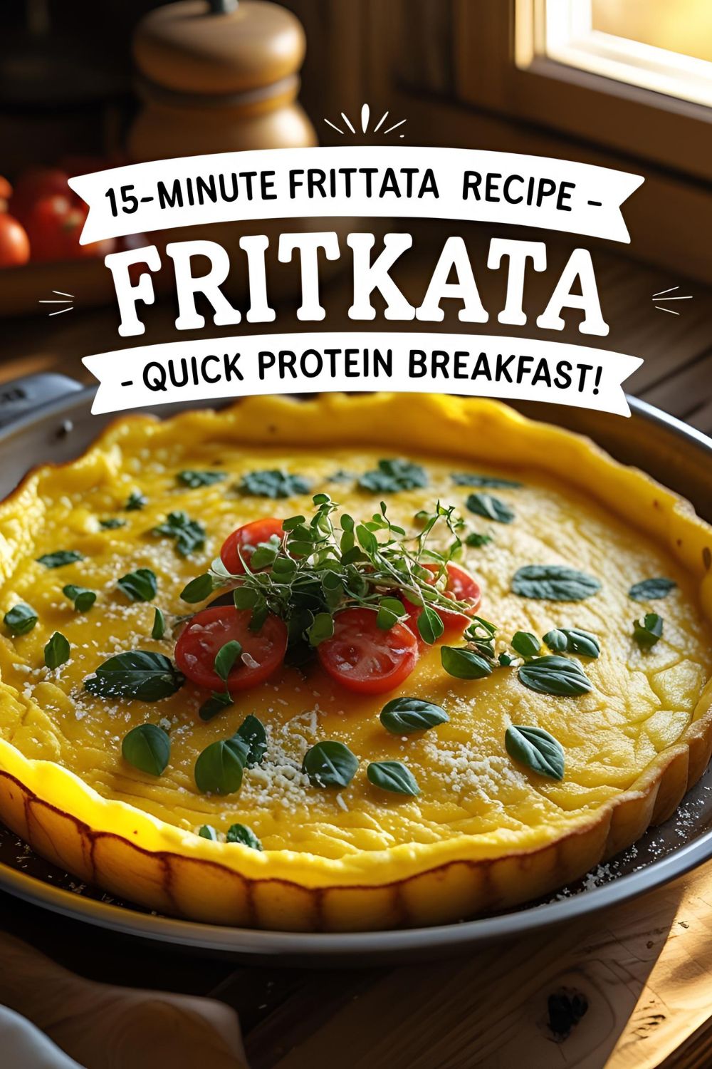 Golden fluffy frittata in a skillet garnished with fresh herbs and sliced into wedges.
