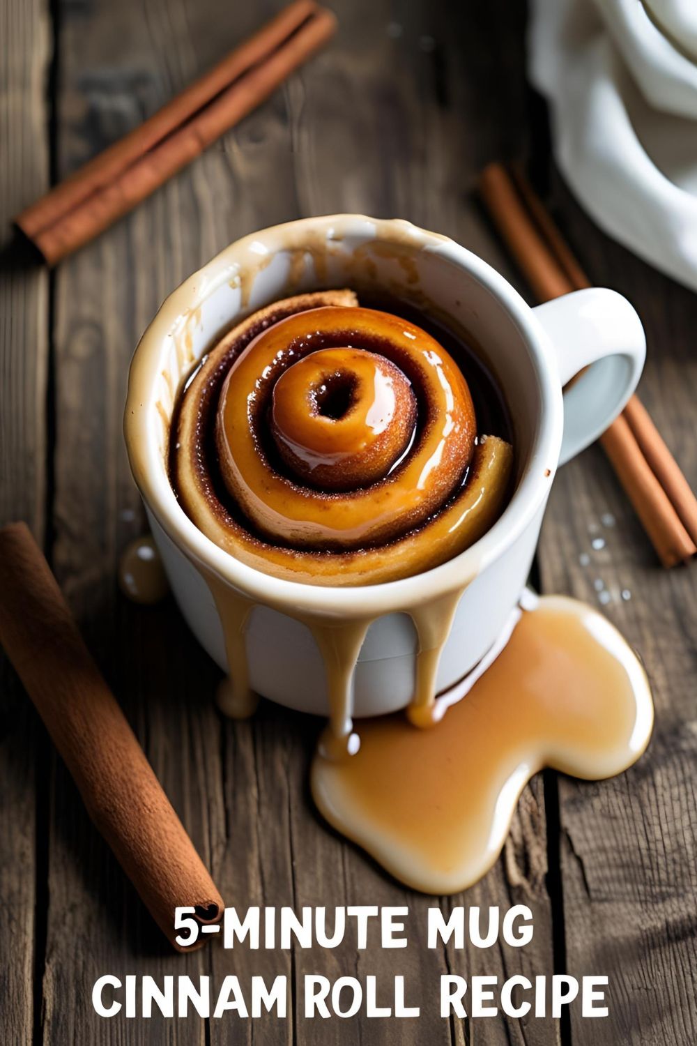 A soft gooey mug cinnamon roll topped with icing, shot in a cozy kitchen setting