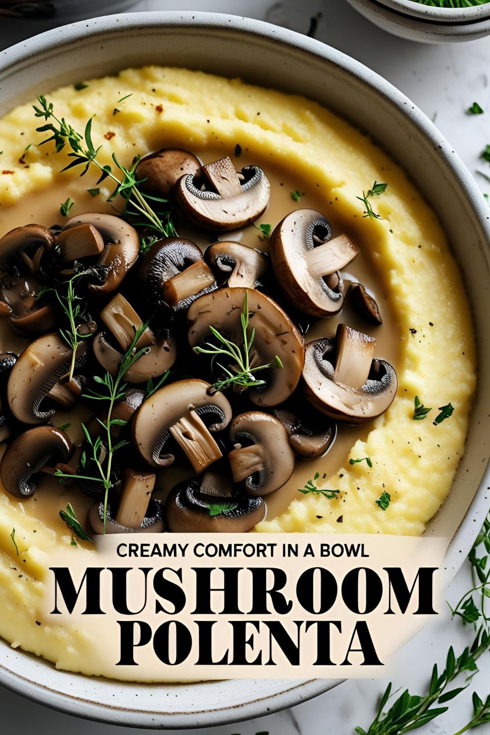 "A bowl of creamy mushroom polenta garnished with fresh herbs."