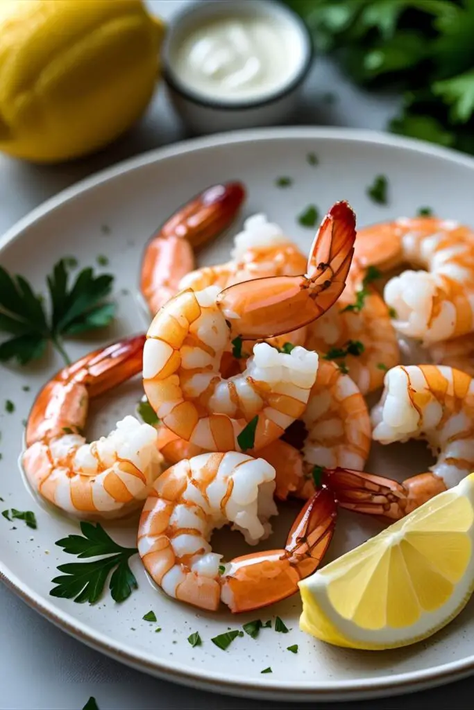 Garlic paprika air fryer shrimp on a white plate with parsley garnish
