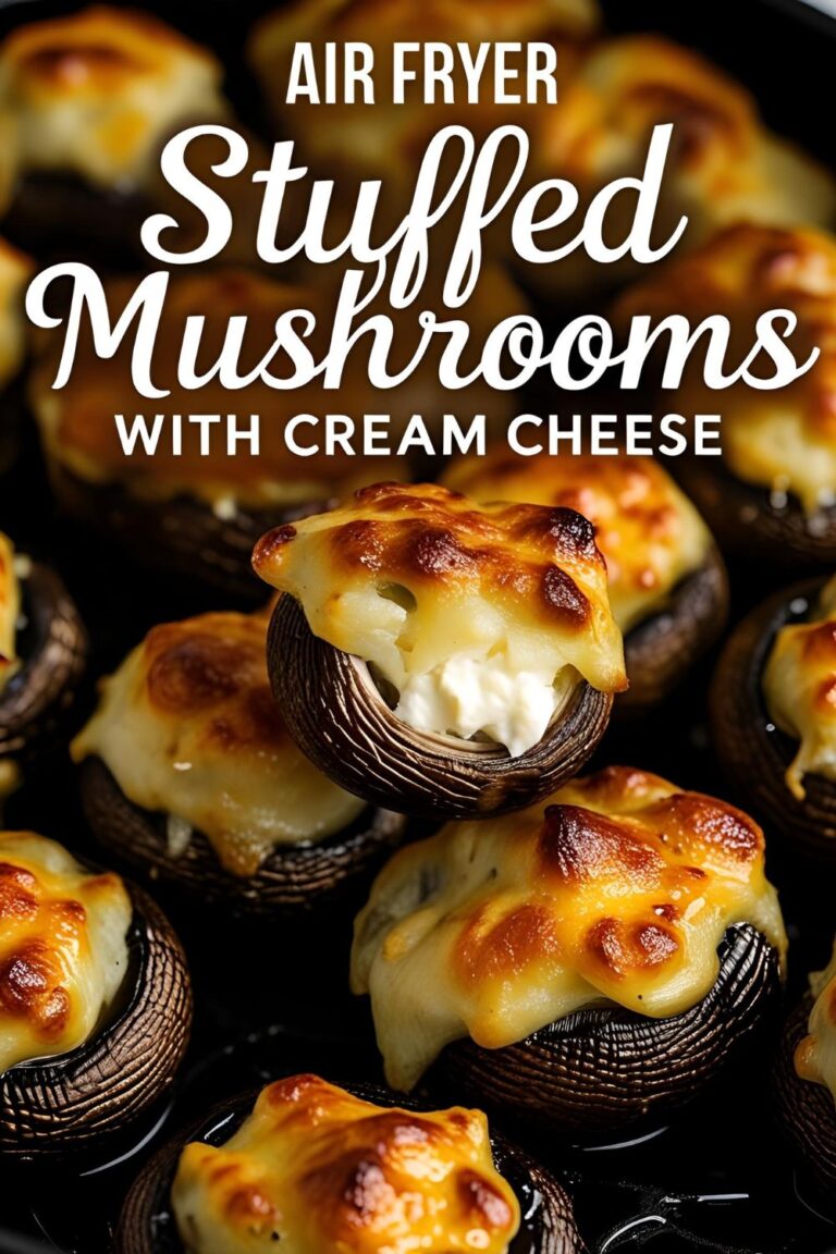 "Golden air fryer stuffed mushrooms with cream cheese filling on a serving platter."