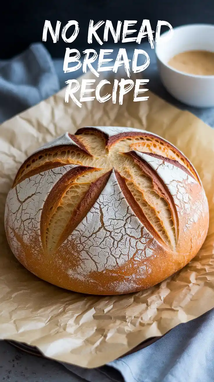 Golden crusty no knead bread sliced on parchment paper showing airy crumb.