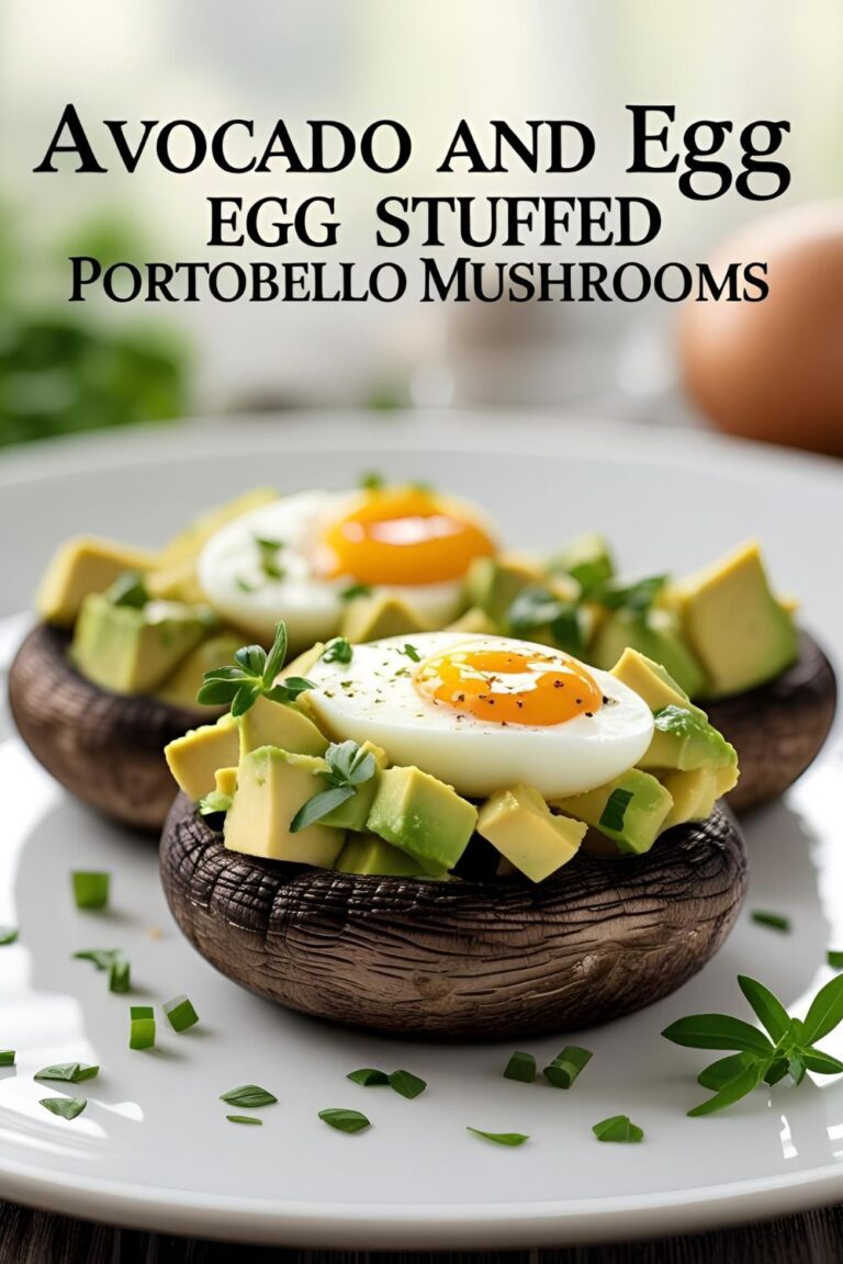 Close-up of avocado and egg stuffed portobello mushrooms garnished with fresh herbs.