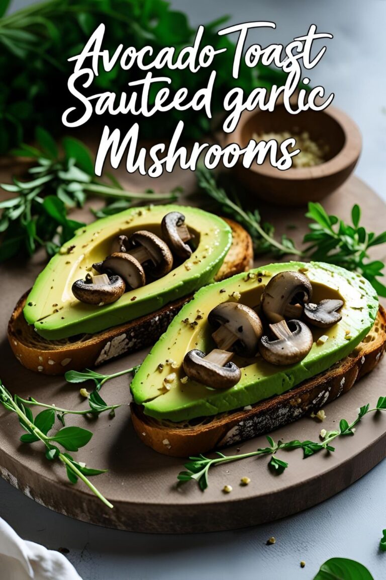 Avocado toast topped with sautéed garlic mushrooms, garnished with herbs and red pepper flakes.