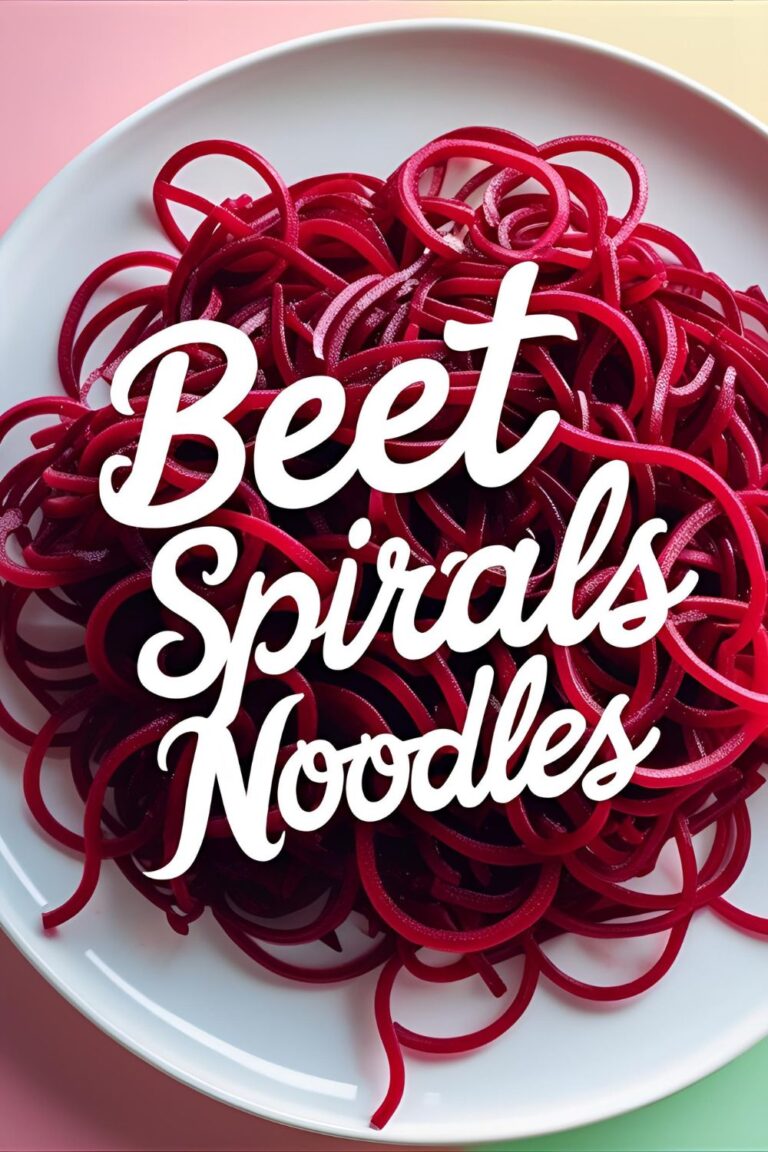 Colorful beet spiral noodles tossed with herbs on a wooden plate.