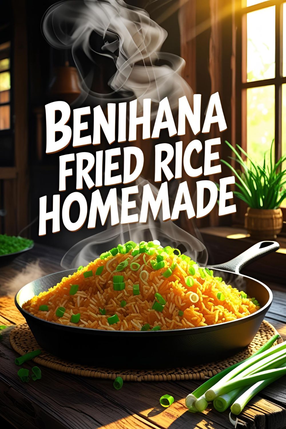 Skillet of vibrant homemade Benihana fried rice garnished with green onions.