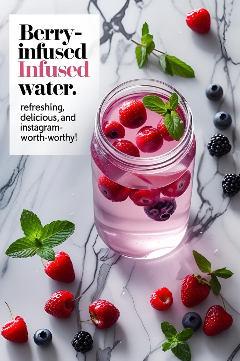 A mason jar filled with berry-infused water, garnished with fresh mint and surrounded by assorted berries.