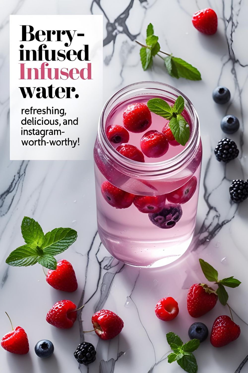 A mason jar filled with berry-infused water, garnished with fresh mint and surrounded by assorted berries.