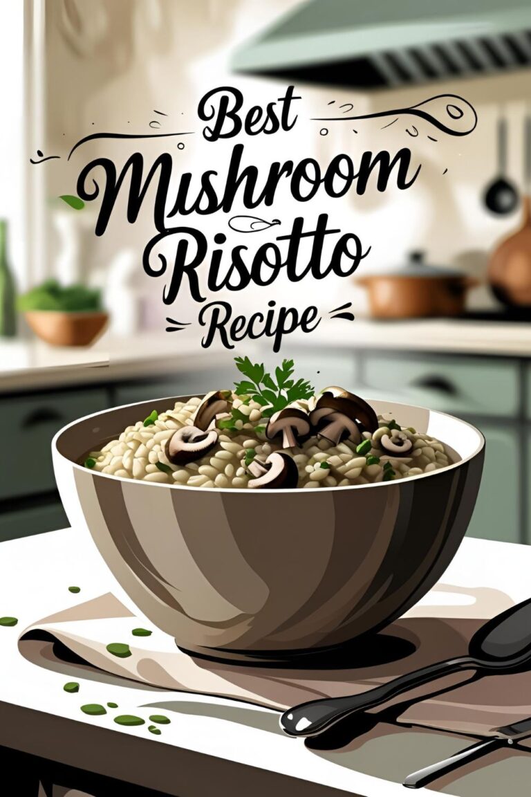 Creamy mushroom risotto garnished with fresh parsley in a white bowl.
