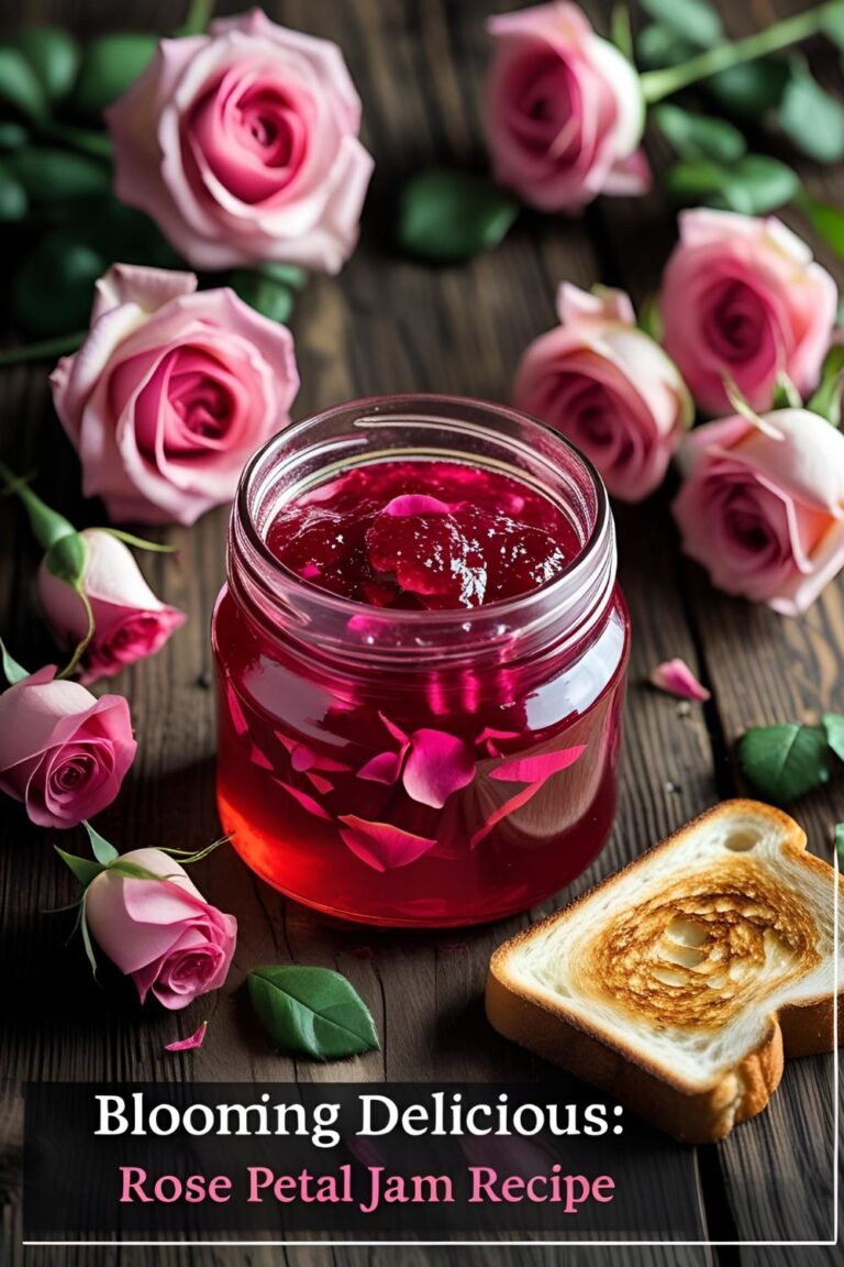 "Jar of homemade rose petal jam with fresh roses and toast on a rustic table."