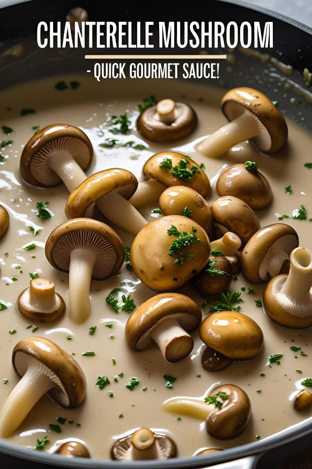 Creamy chanterelle mushroom sauce in a skillet, golden mushrooms swimming in silky sauce with herbs.