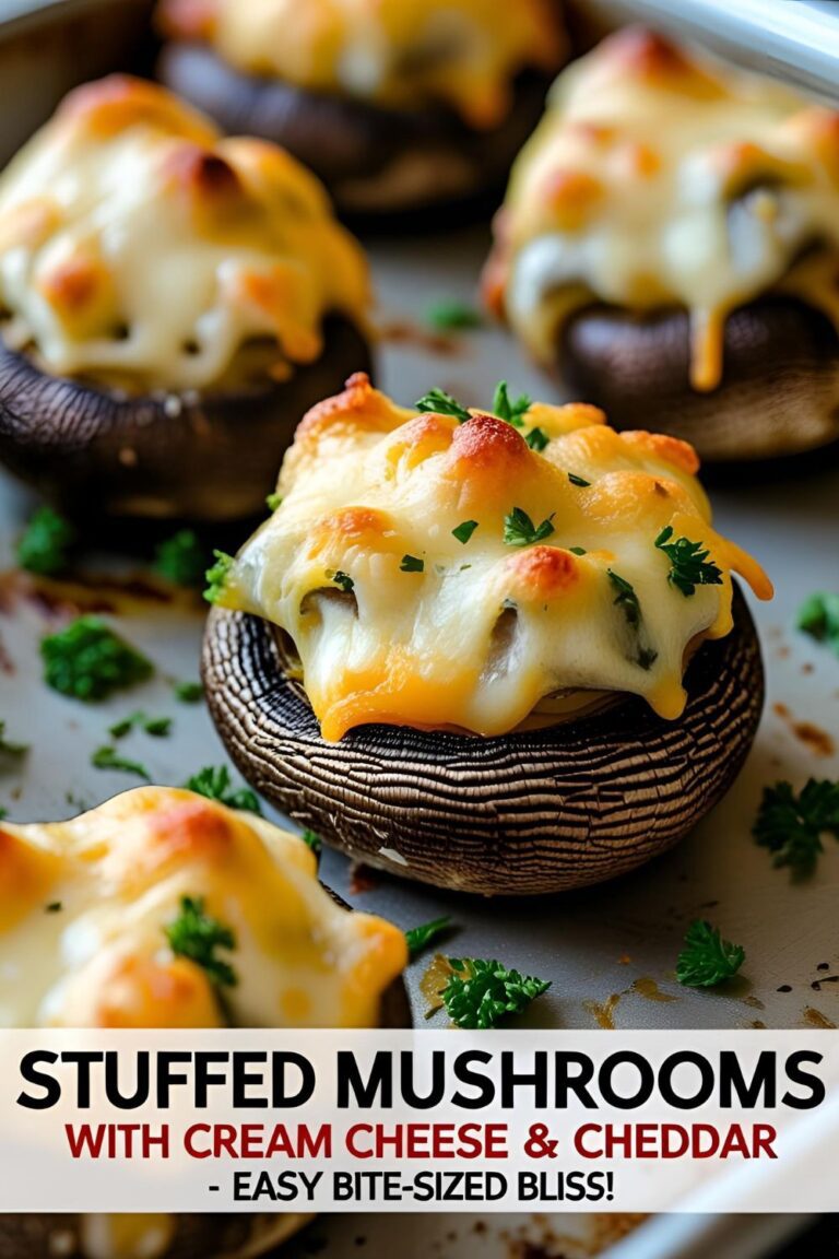 Plate of golden stuffed mushrooms with gooey cheddar-cream cheese filling, garnished with parsley.