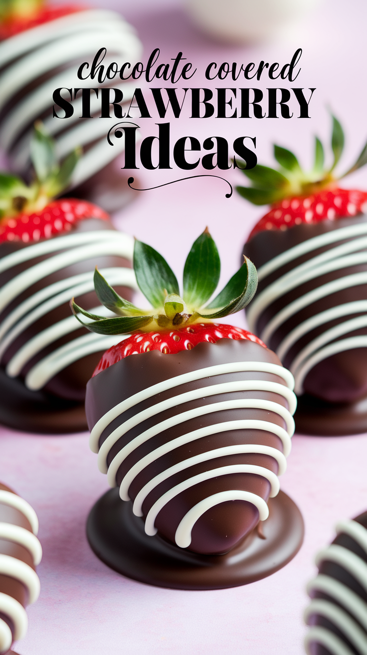 Glossy chocolate‑covered strawberries with white chocolate drizzle on pastel background.