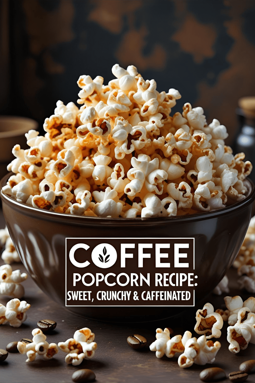 Overhead photo of homemade coffee caramel popcorn in a large rustic bowl