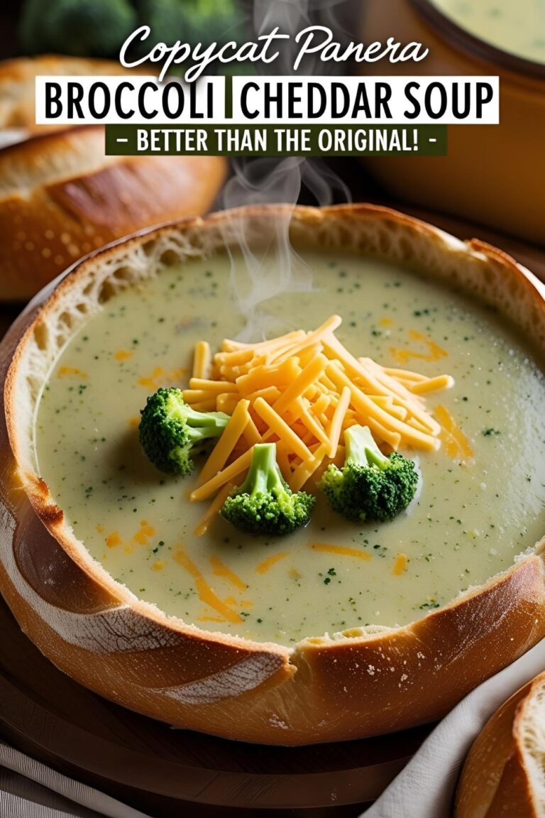 Creamy copycat Panera broccoli cheddar soup in a bread bowl with melted cheese