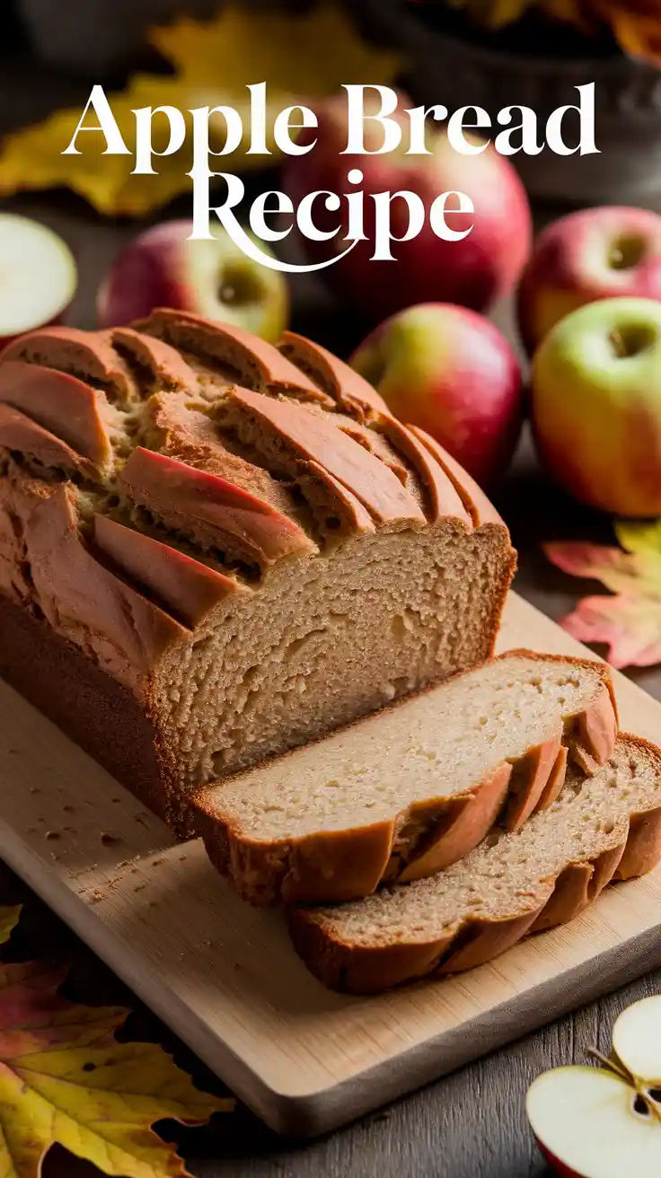 Sliced apple bread loaf with cinnamon and apple pieces visible.