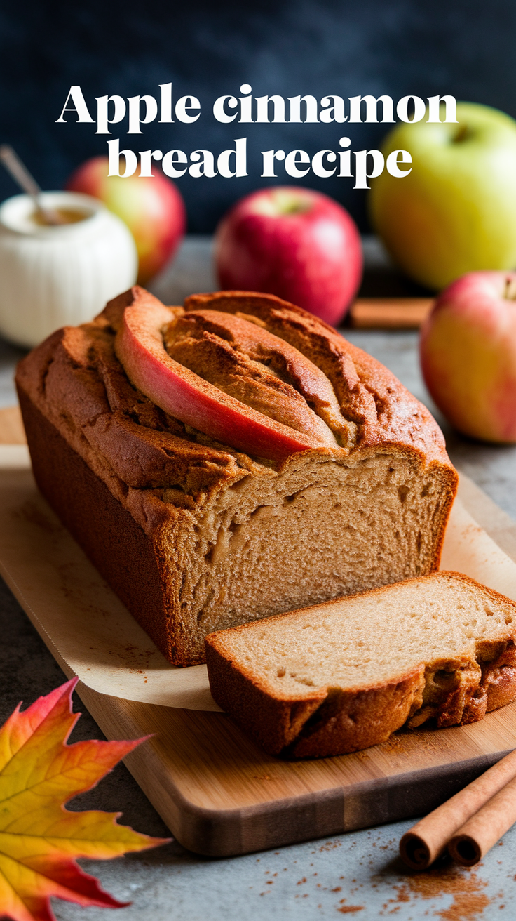 Close-up of a slice of apple cinnamon bread with crumb texture visible.