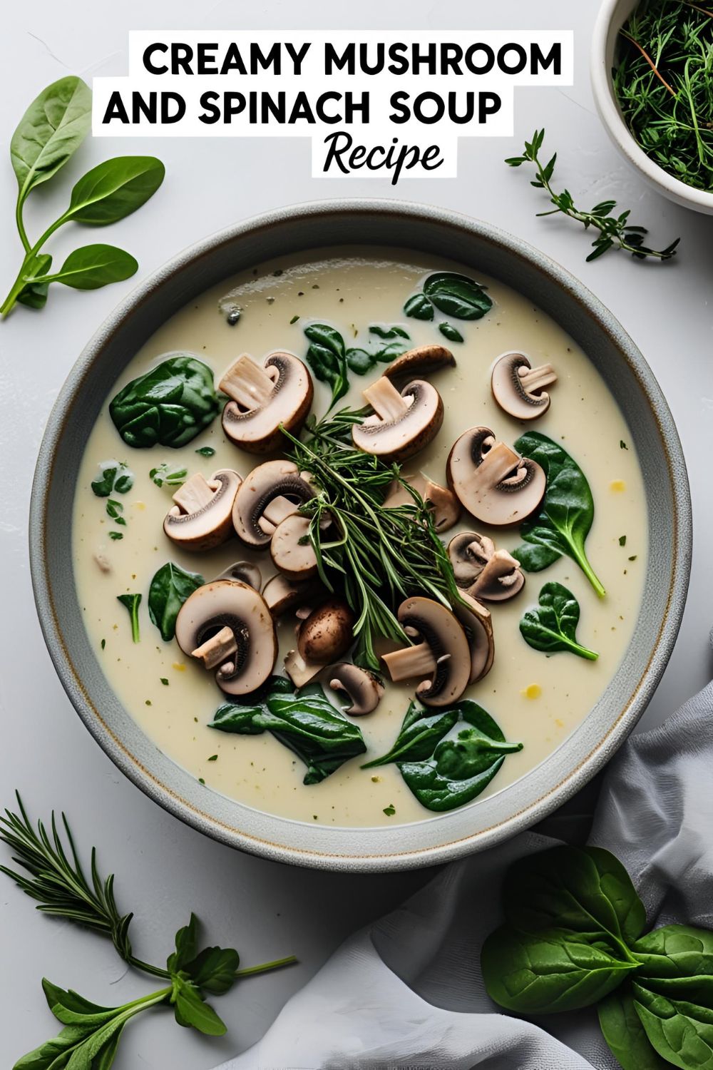 Bowl of creamy mushroom and spinach soup with parsley garnish.
