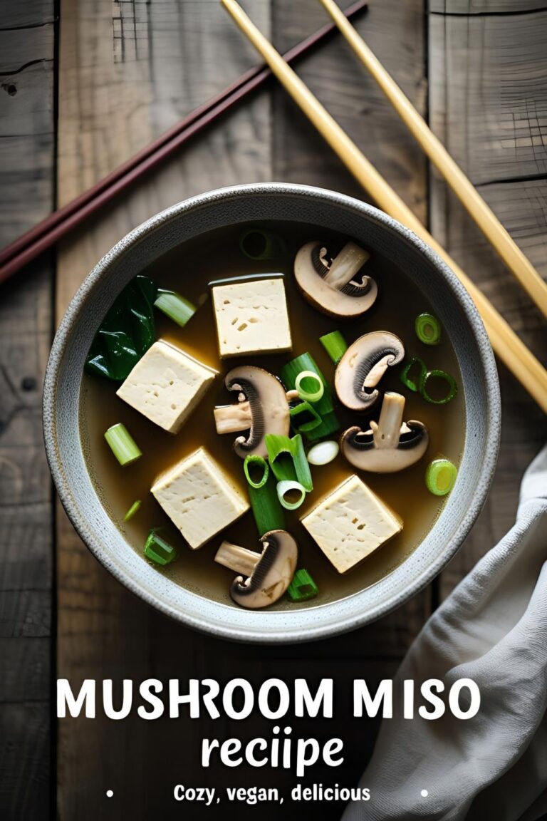 A steaming bowl of mushroom miso soup topped with sliced mushrooms, tofu cubes, green onions, and a sprinkle of sesame seeds in a rustic ceramic bowl on a wooden table.