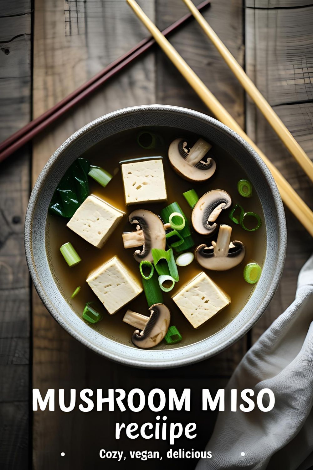 A steaming bowl of mushroom miso soup topped with sliced mushrooms, tofu cubes, green onions, and a sprinkle of sesame seeds in a rustic ceramic bowl on a wooden table.