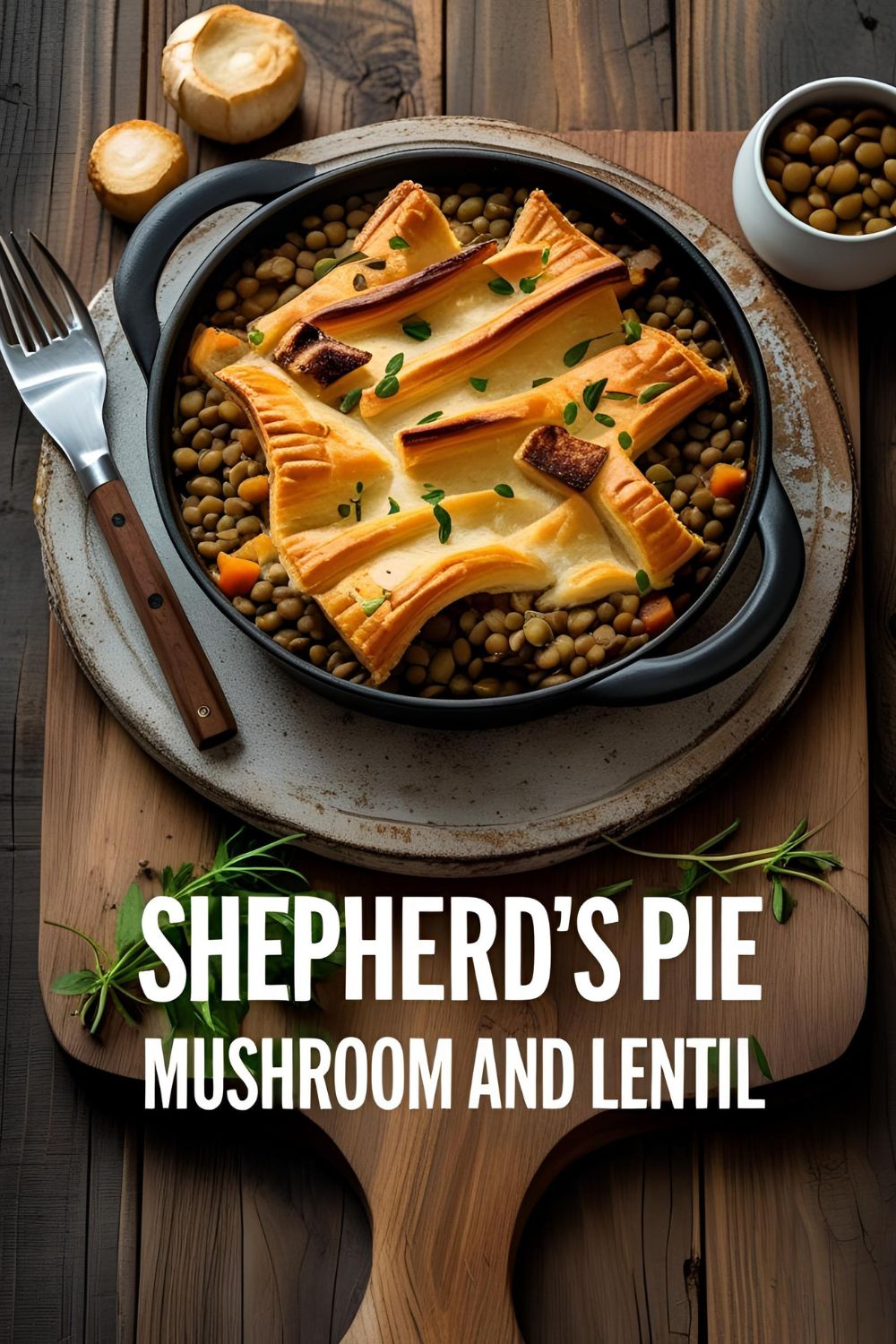 Golden shepherd’s pie with mushroom and lentil filling, topped with creamy mashed potatoes and crisp edges.