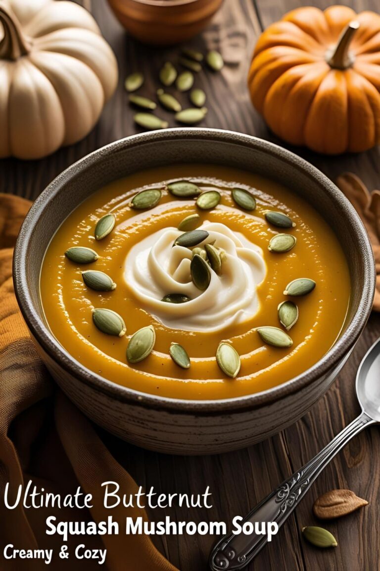 Warm bowl of creamy butternut squash and mushroom soup topped with pumpkin seeds.