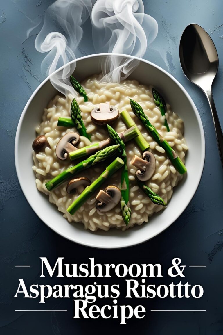 Close-up of creamy mushroom and asparagus risotto with asparagus tips and mushrooms visible.