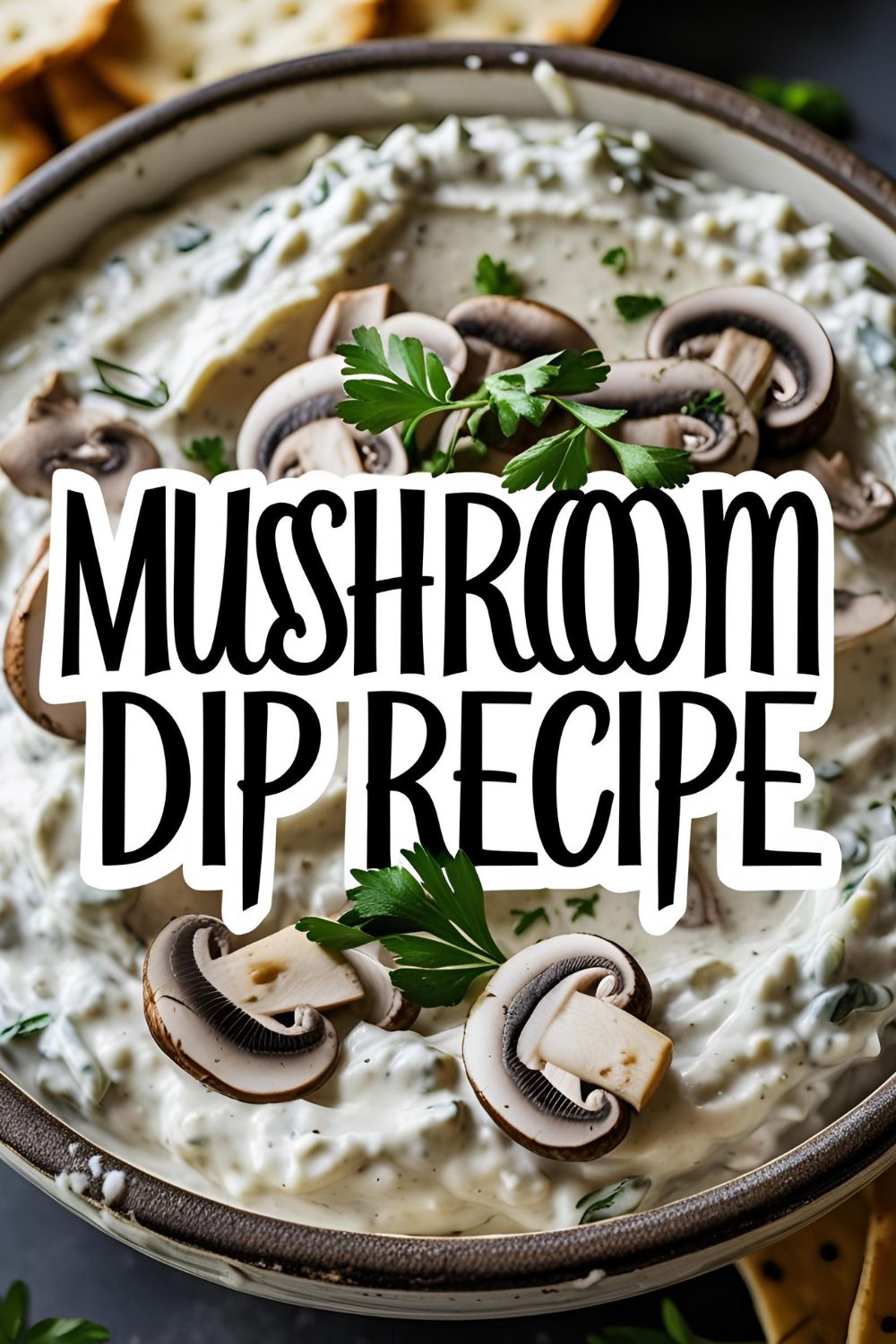 Creamy mushroom dip in a bowl with crackers ready for dipping.