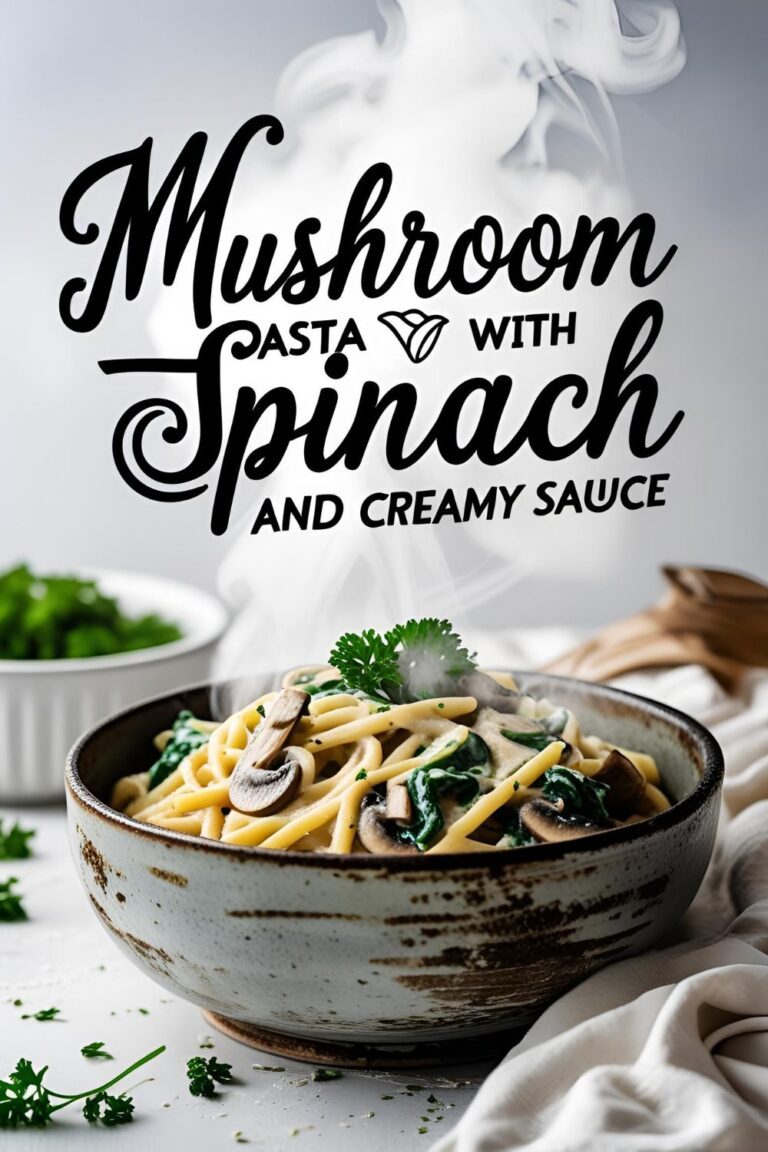 Creamy mushroom pasta with spinach in a rustic bowl, garnished with parsley and cheese.