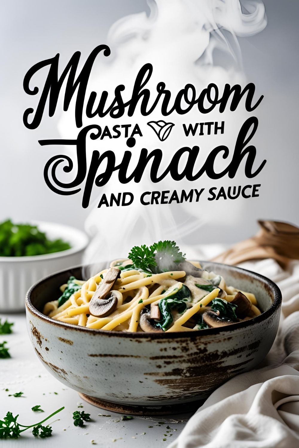 Creamy mushroom pasta with spinach in a rustic bowl, garnished with parsley and cheese.