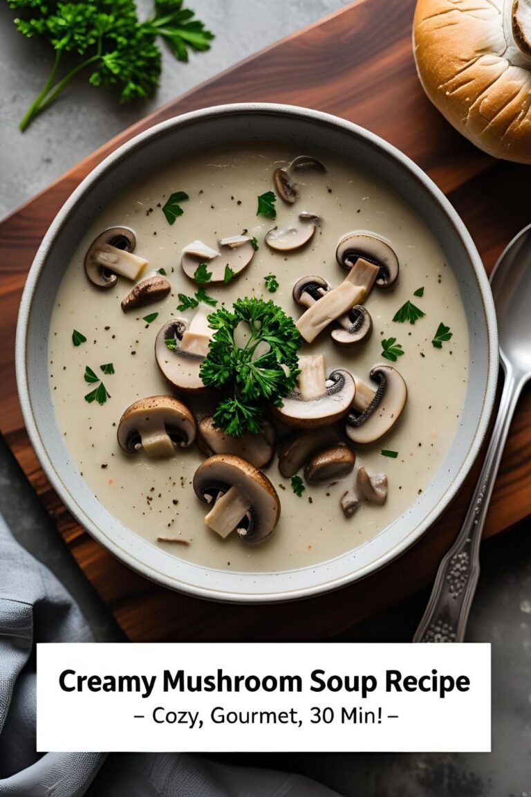 Creamy mushroom soup in a bowl garnished with fresh parsley and steam rising in cozy kitchen setting.