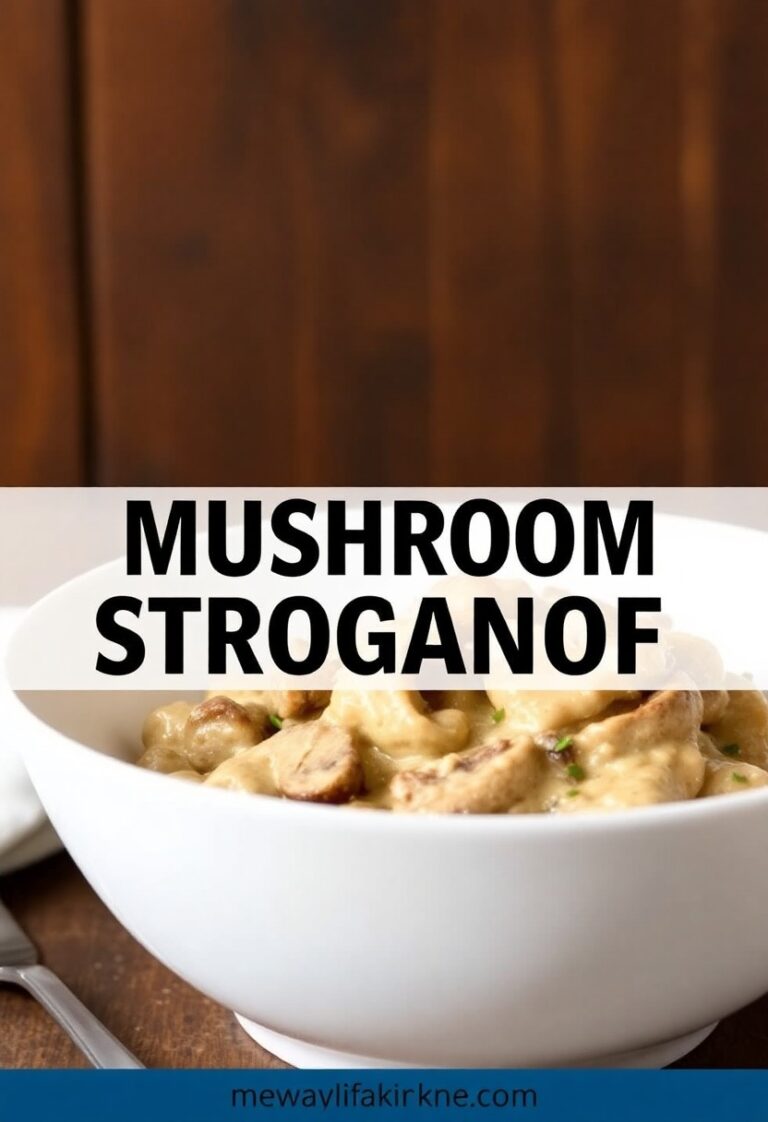 Creamy mushroom stroganoff in a bowl garnished with parsley and steam rising.