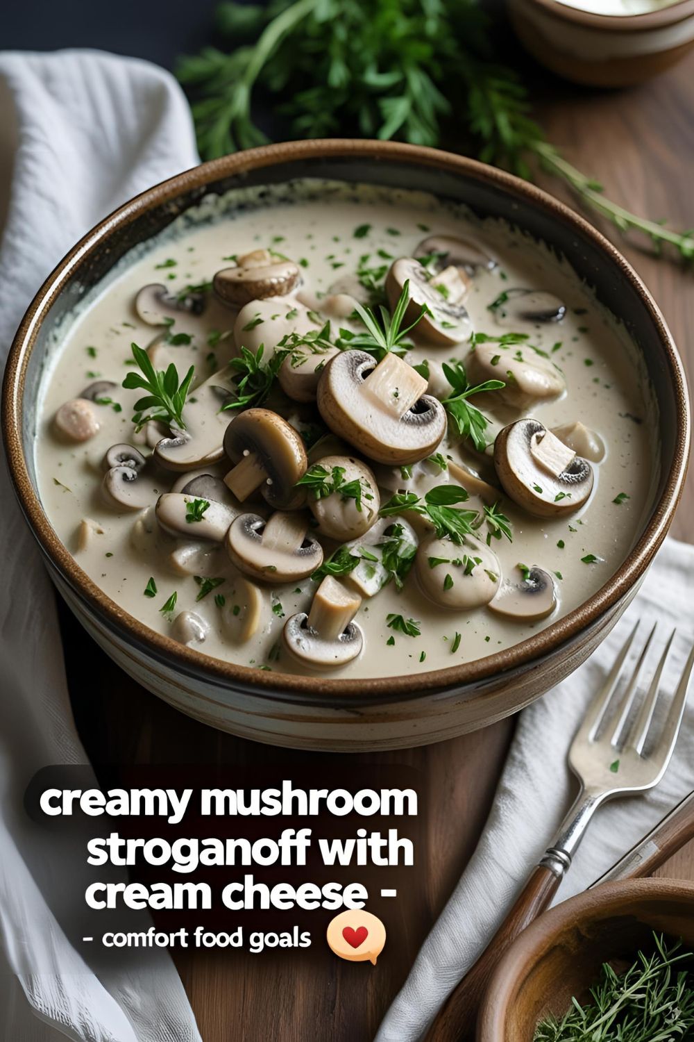 Rich and creamy mushroom stroganoff made with cream cheese, served with noodles and herbs.