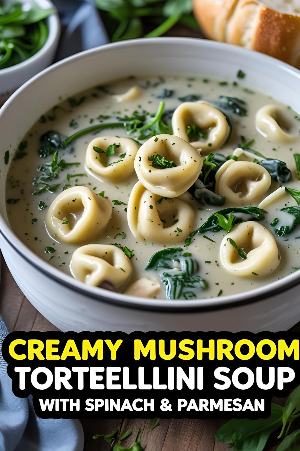 A bowl of creamy mushroom tortellini soup with spinach and parmesan, garnished with fresh herbs.