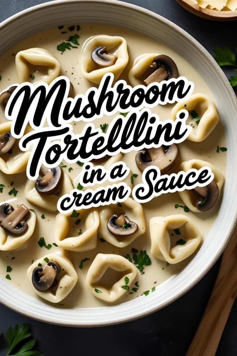 Creamy mushroom tortellini garnished with parsley, served in a cozy bowl.