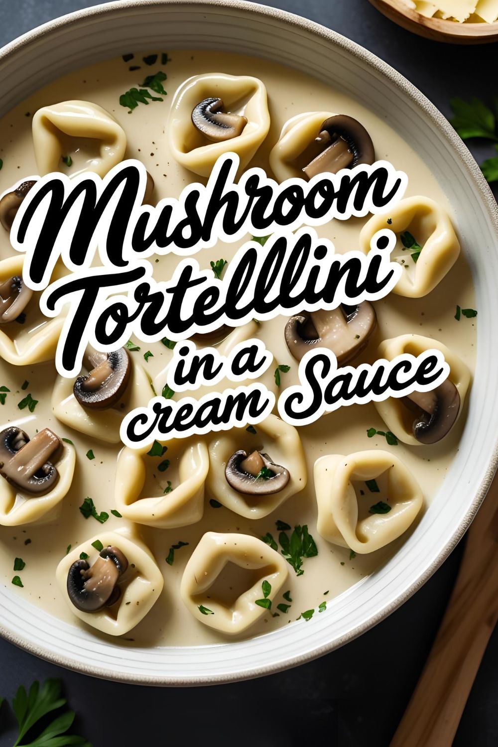 Creamy mushroom tortellini garnished with parsley, served in a cozy bowl.
