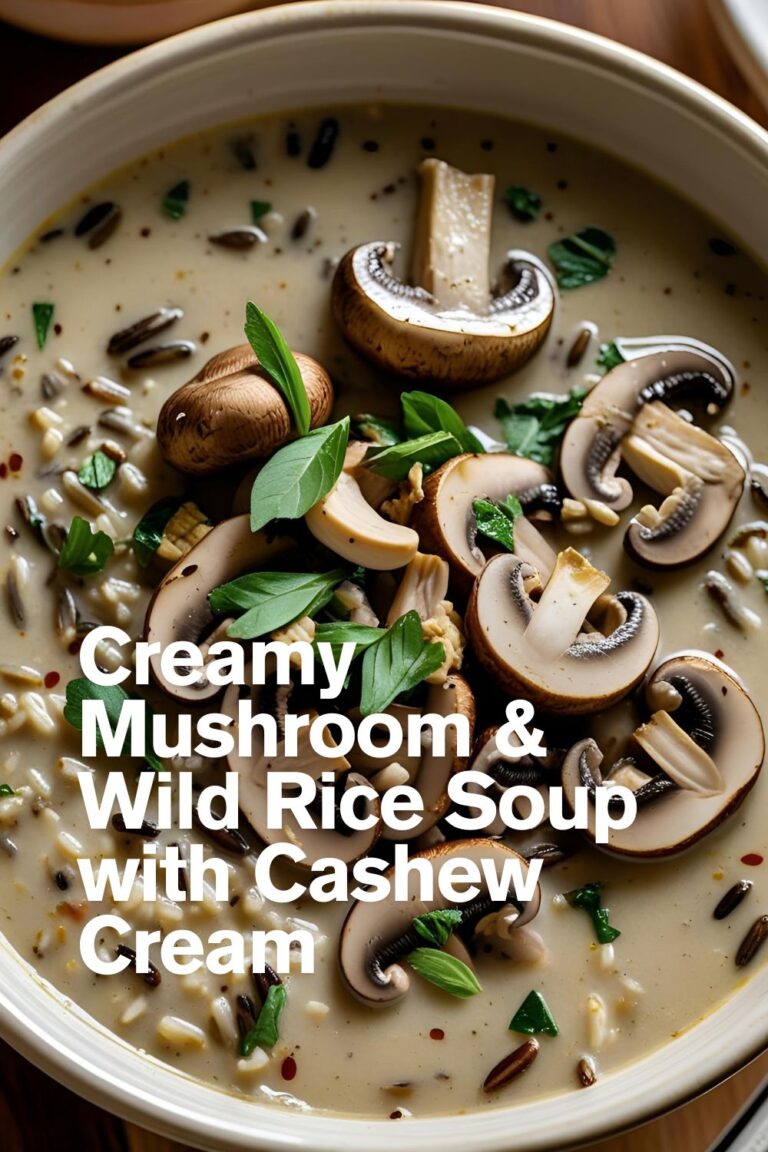 Bowl of creamy mushroom and wild rice soup with cashew cream and parsley garnish