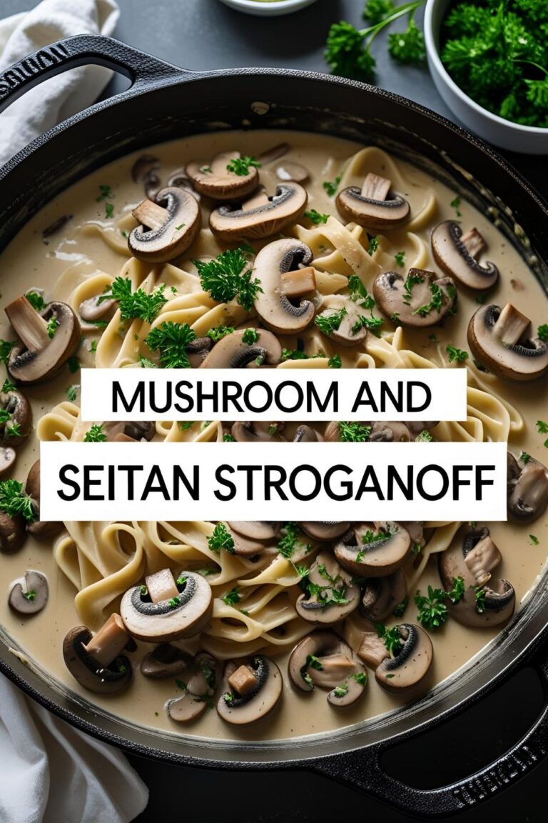 Hearty bowl of mushroom and seitan stroganoff topped with fresh parsley