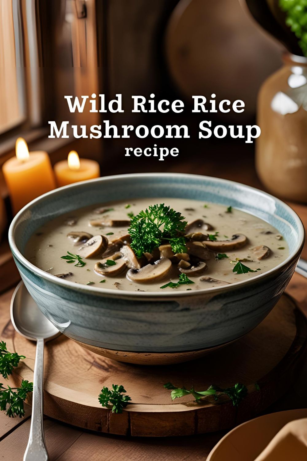 Creamy wild rice mushroom soup in a rustic bowl, garnished with parsley, perfect comfort food for cozy nights.