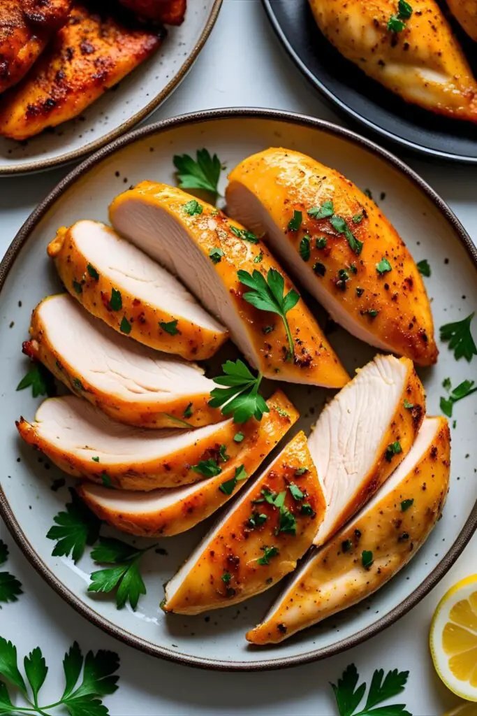 juicy air fryer chicken breast with herbs on a serving plate