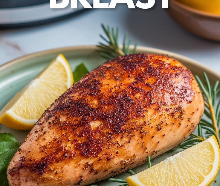 Golden air fryer chicken breast slices on a plate with parsley garnish