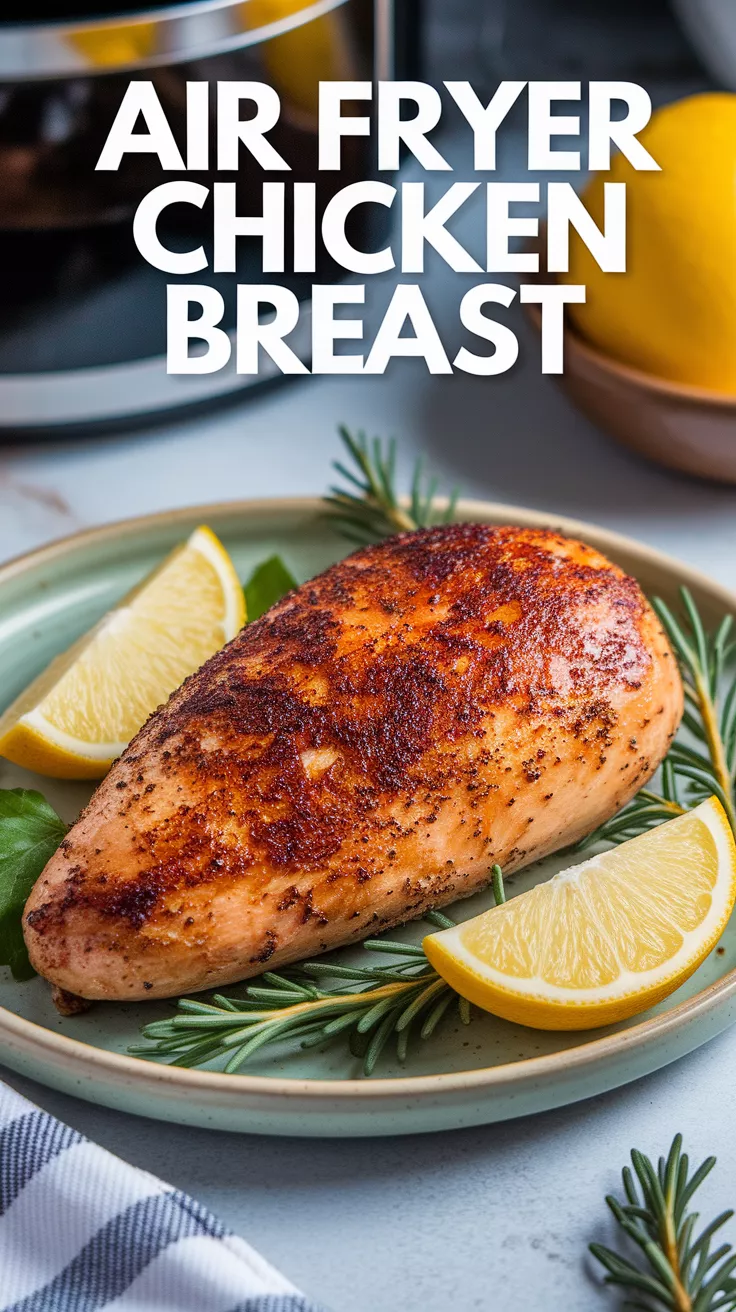 Golden air fryer chicken breast slices on a plate with parsley garnish