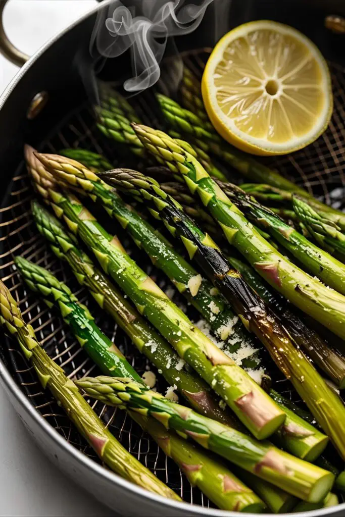 Close-up of lemon-zested air fryer asparagus spears