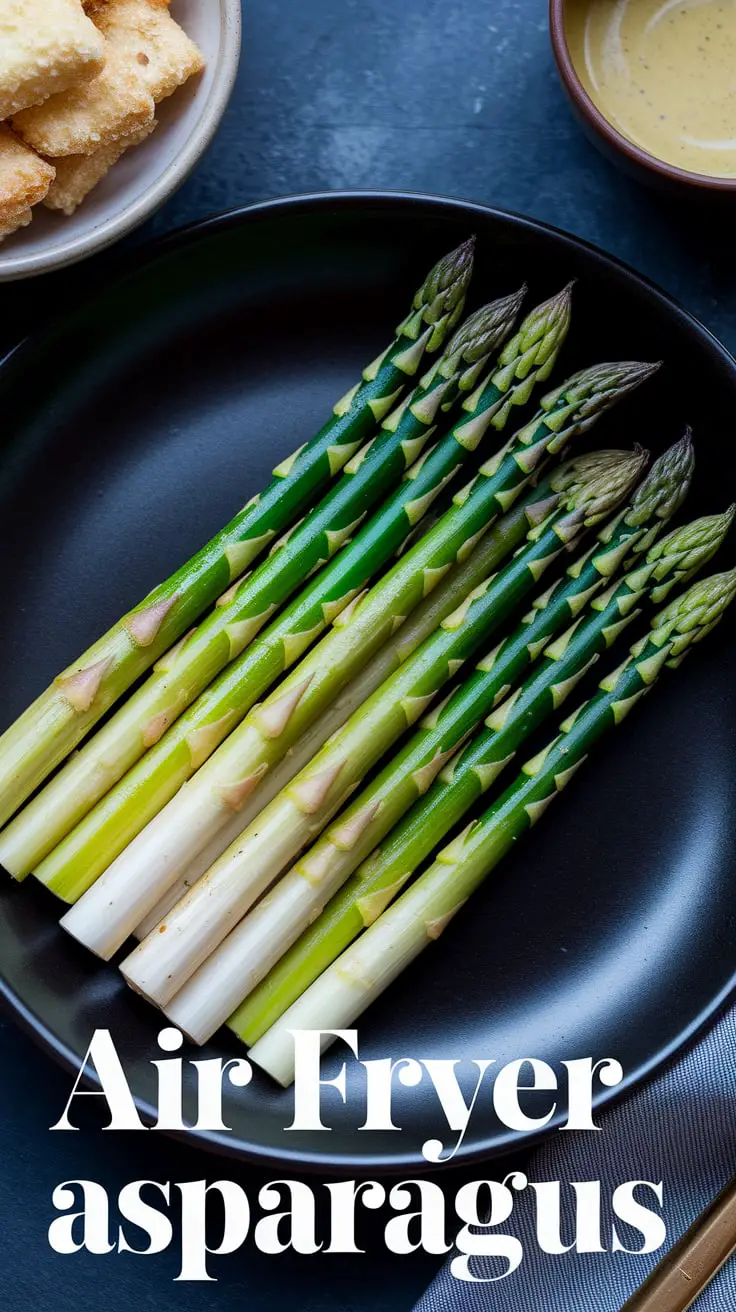 Golden crispy garlic asparagus in an air fryer basket