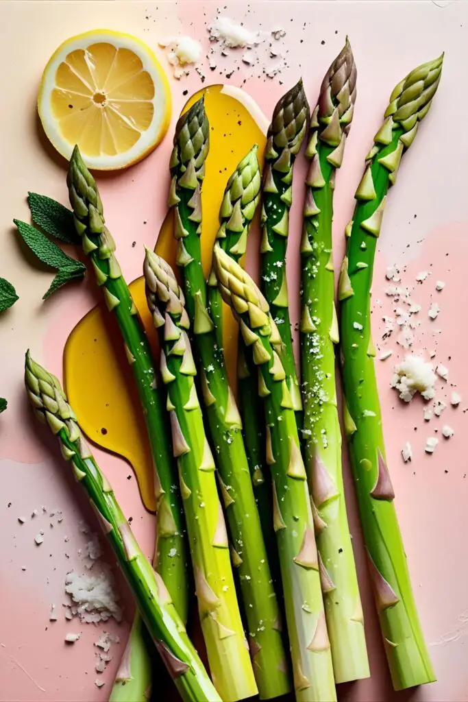 Air fryer asparagus with lemon slices on a dark plate