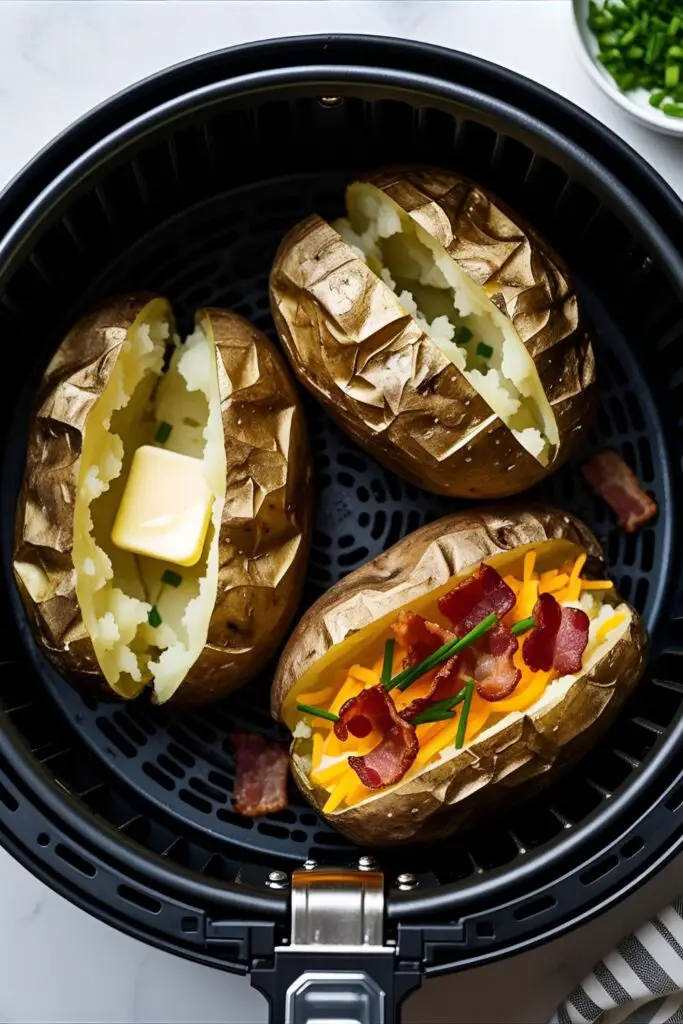 Loaded baked potato with cheese, bacon bits, and sour cream